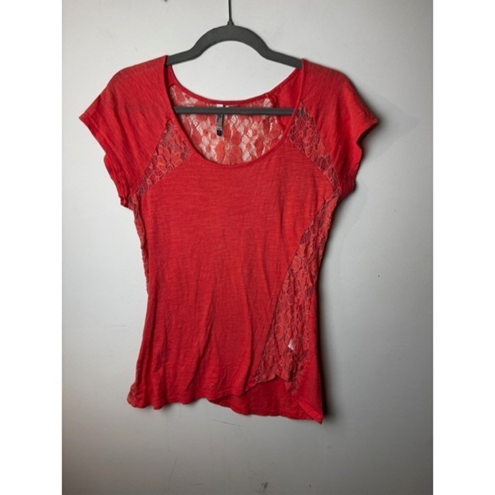 Womens L Wallflower Blouse Top Red Lace‎ Panels Stretch Cap Sleeve Scoop Neck